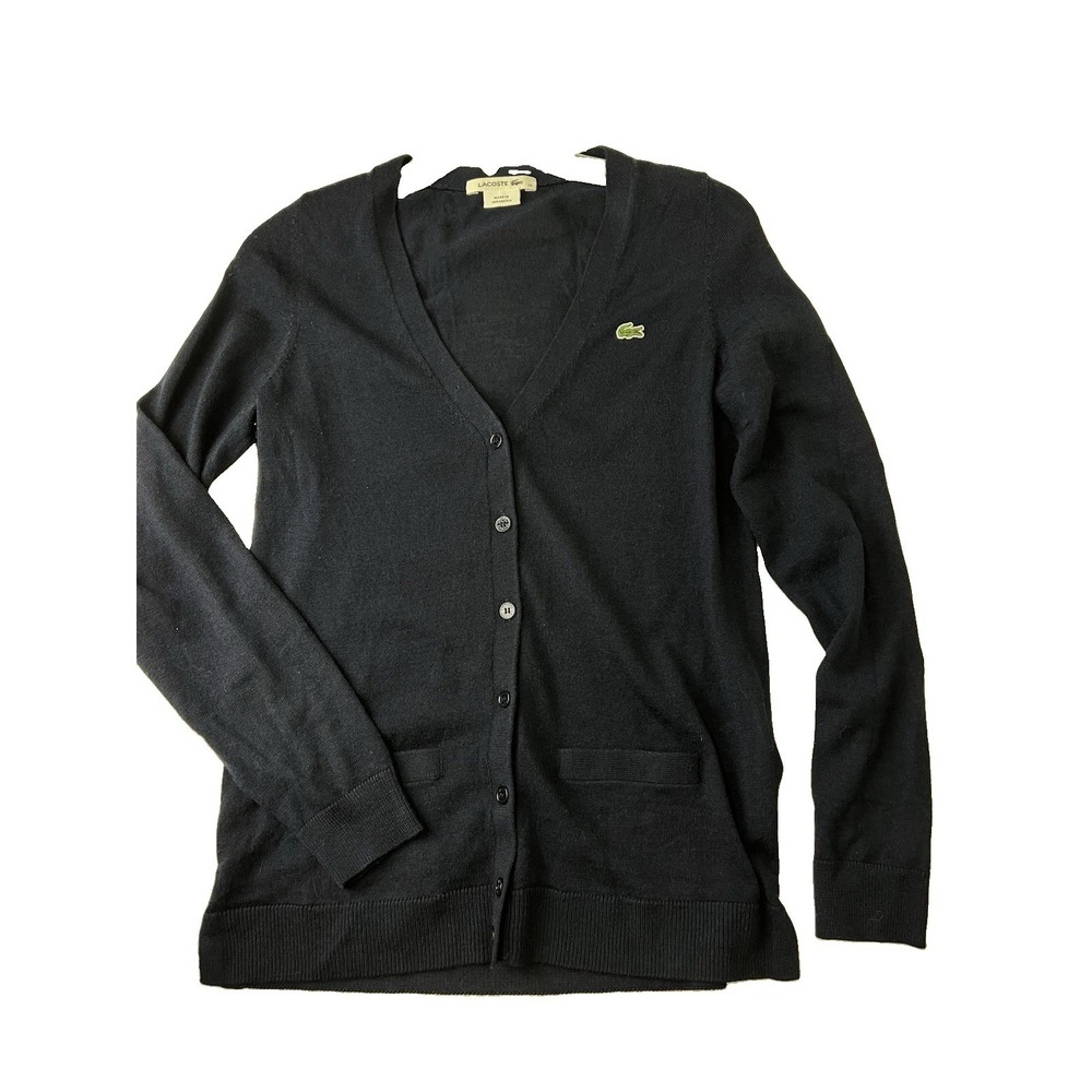 Lacoste Cardigan Women's Navy Blue Wool Vintage Preppy V-Neck Logo Sweater Sz 34